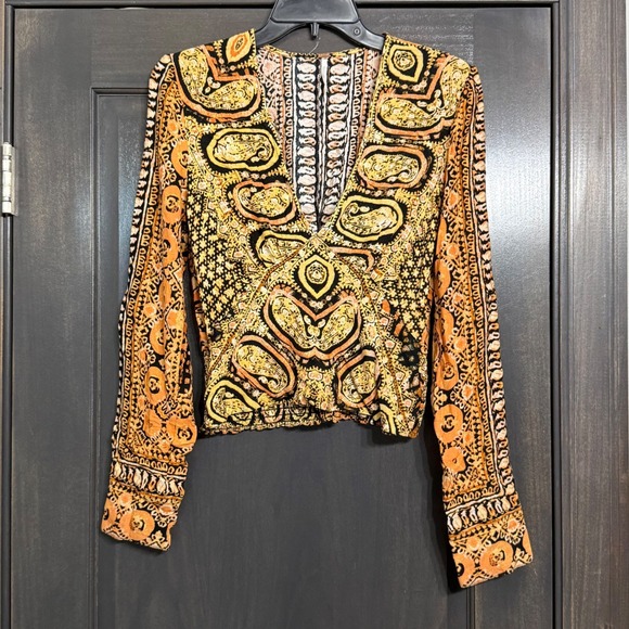 Free People Tops - Free People Womens Orange Paisley Medallion Smocked Waist V-Neck Blouse Size M